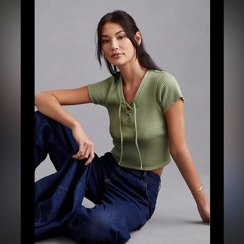 Anthropologie Green Lace Up Front Top